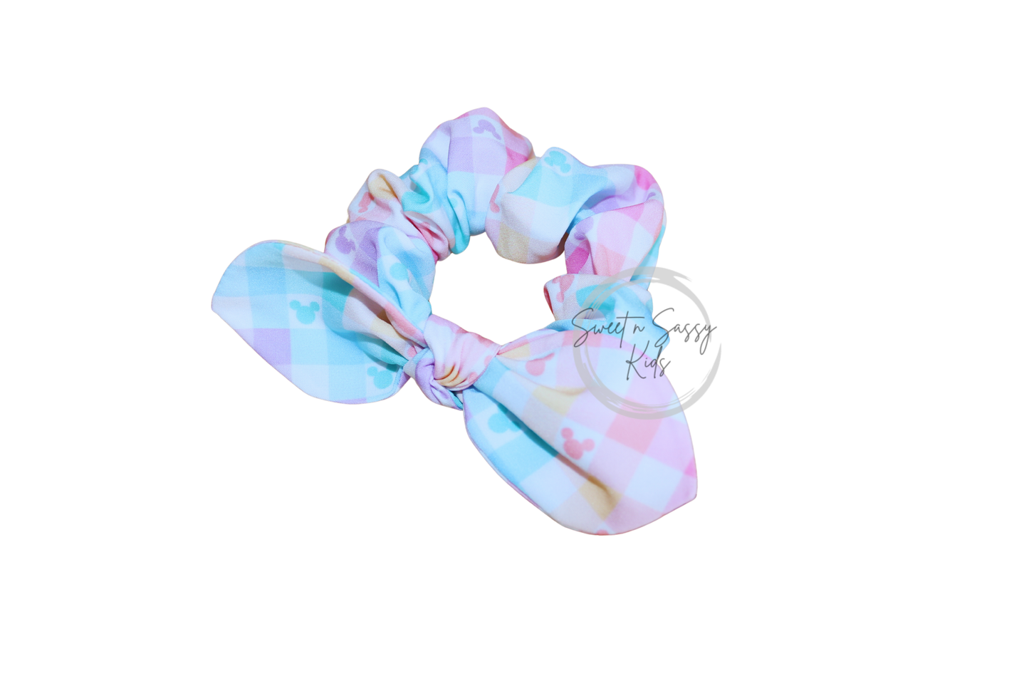 Pastel Checkered Mouse Scrunchie, Girls Hair Tie