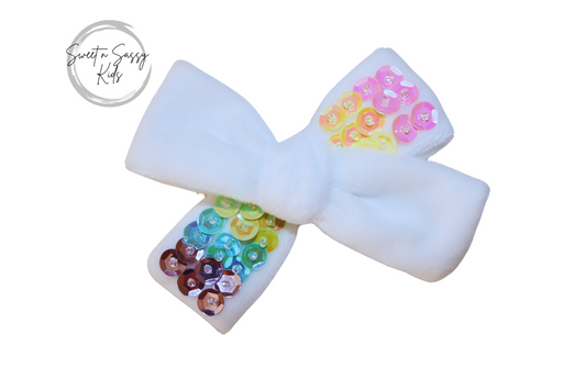 Rainbow Sequin White Velvet Bow