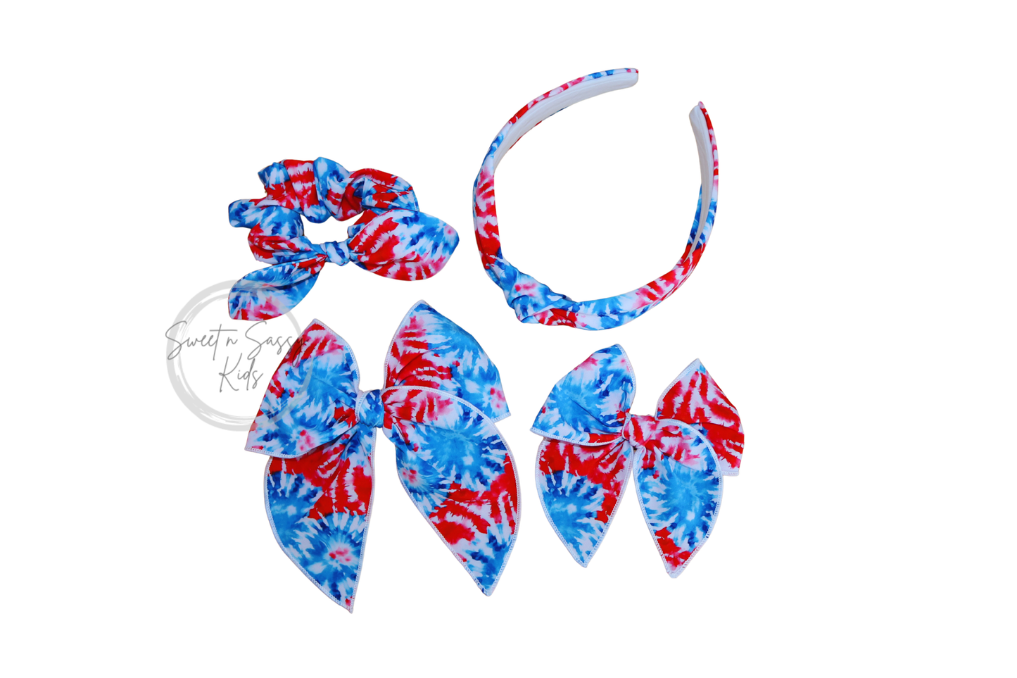 Patriotic Tie Dye Hair Bow or Headband, Small Fable, 4.5 inch