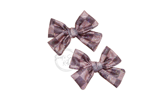 Holographic Brown Checkered Bow Pigtail Set